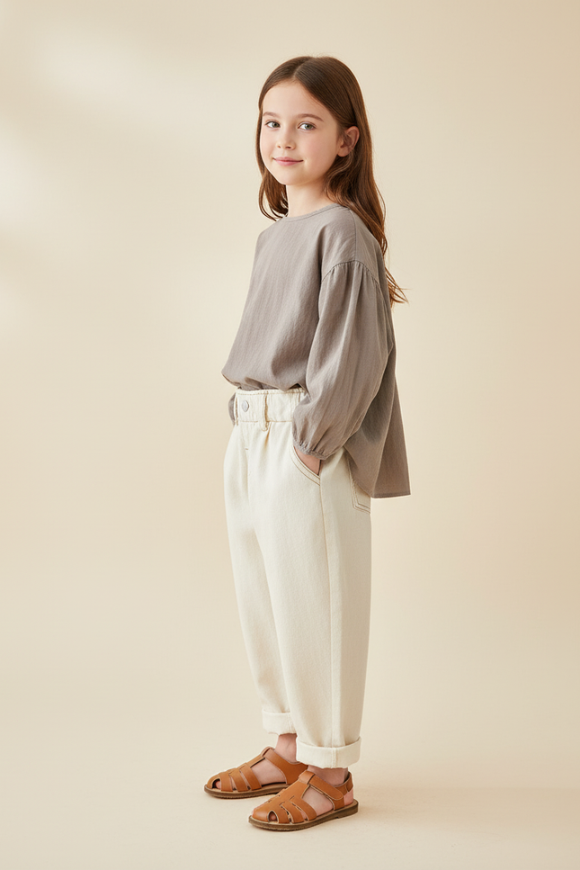 Pantalon Baggy Crème Ample Coton Enfant Décontracté - Beige