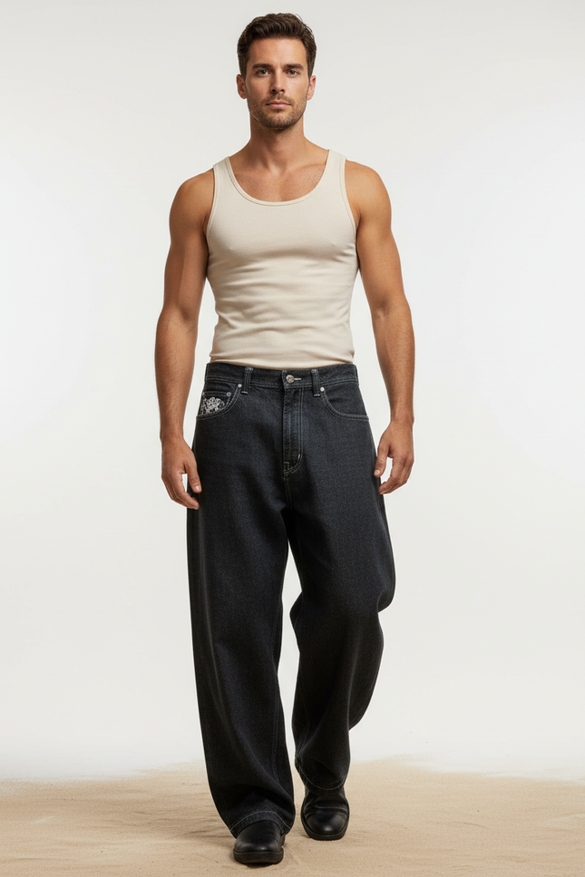 Pantalon Baggy Gris Foncé Ample Brodé Décontracté Homme - Jean