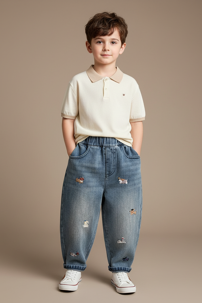 Pantalon Baggy Jean Brodé Ample Décontracté Enfant - Bleu