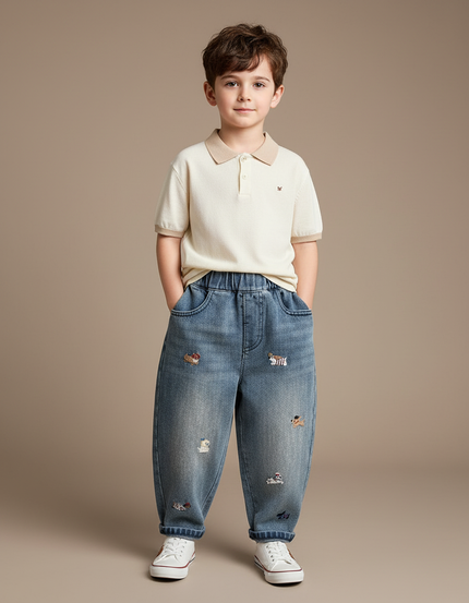 Pantalon Baggy Jean Brodé Ample Décontracté Enfant - Bleu