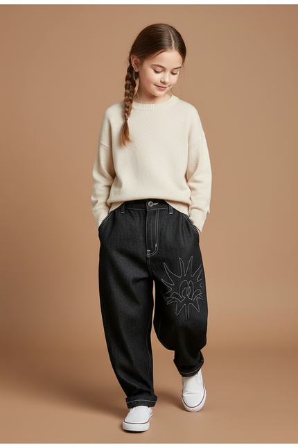 Pantalon Baggy Noir Denim Brodé Ample Décontracté Fille - Jean