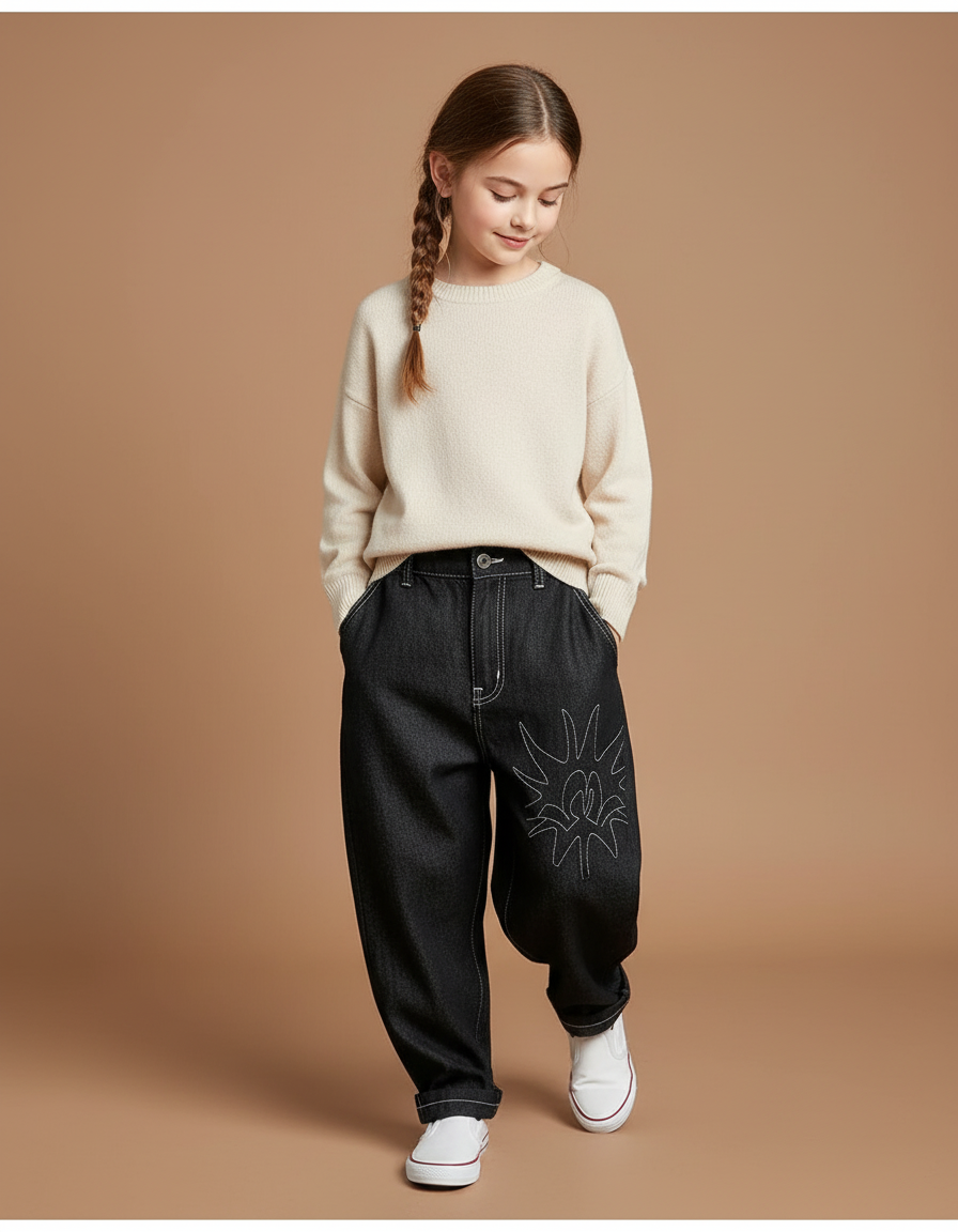 Pantalon Baggy Noir Denim Brodé Ample Décontracté Fille - Jean