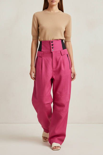 Pantalon Baggy Rose Taille Haute Évasé Fluide - Lin