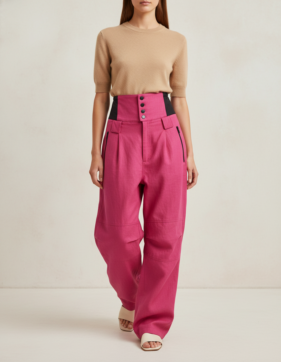 Pantalon Baggy Rose Taille Haute Évasé Fluide - Lin