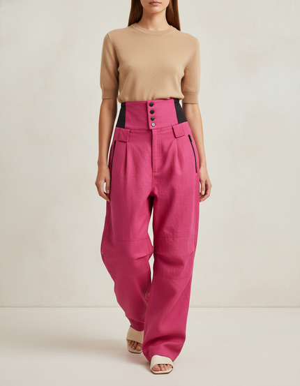 Pantalon Baggy Rose Taille Haute Évasé Fluide - Lin