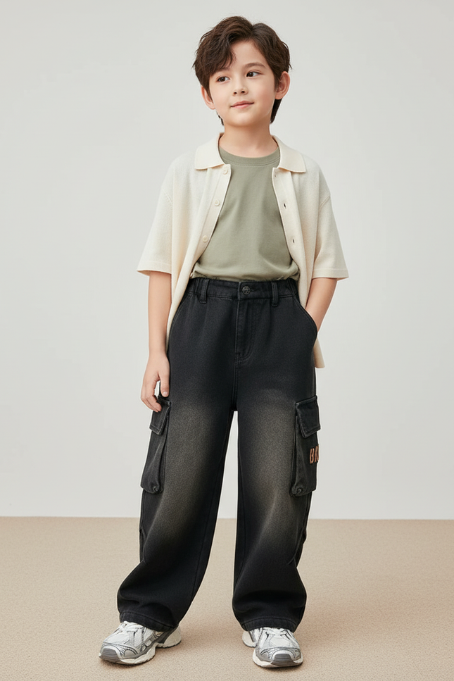 Pantalon Baggy Noir Délavé Ample Cargo Garçon Décontracté - Jean
