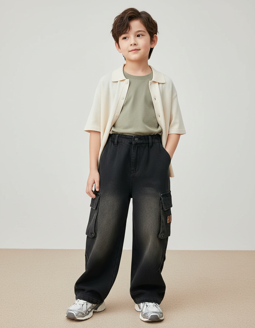 Pantalon Baggy Noir Délavé Ample Cargo Garçon Décontracté - Jean