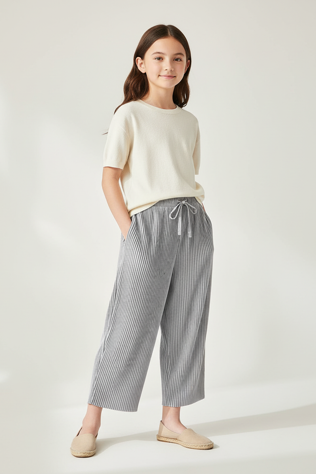 Pantalon Baggy Plissé Gris Ample Fluide Fille - Polyester