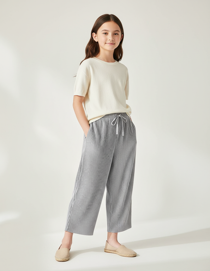 Pantalon Baggy Plissé Gris Ample Fluide Fille - Polyester