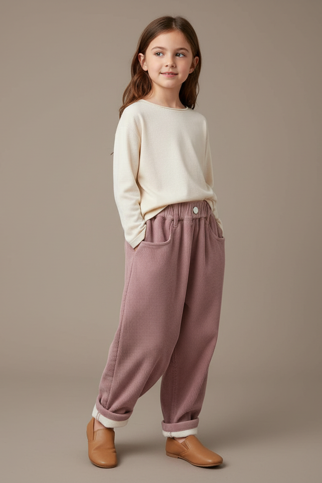 Pantalon Baggy Rose Côtelé Ample Enfant Doublé Chaud - Cordé