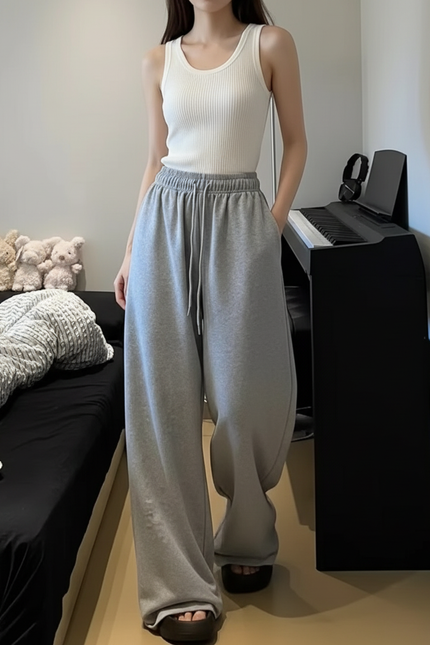 Pantalon Baggy Gris Ample Cordon Décontracté Molleton