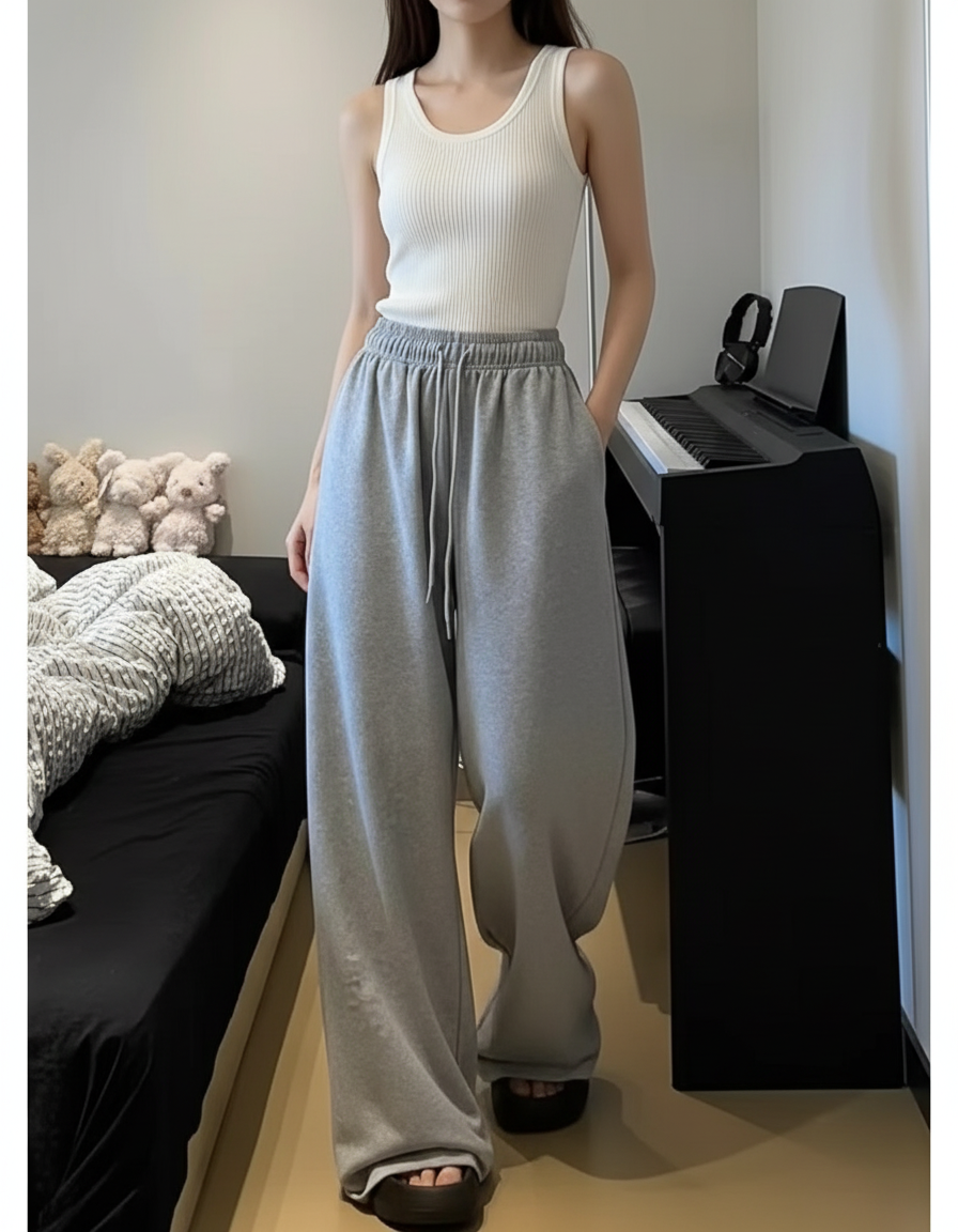 Pantalon Baggy Gris Ample Cordon Décontracté Molleton