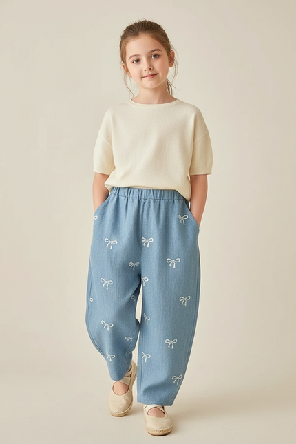 Pantalon Baggy Denim Bleu Nœuds Brodés Ample Enfant - Jean
