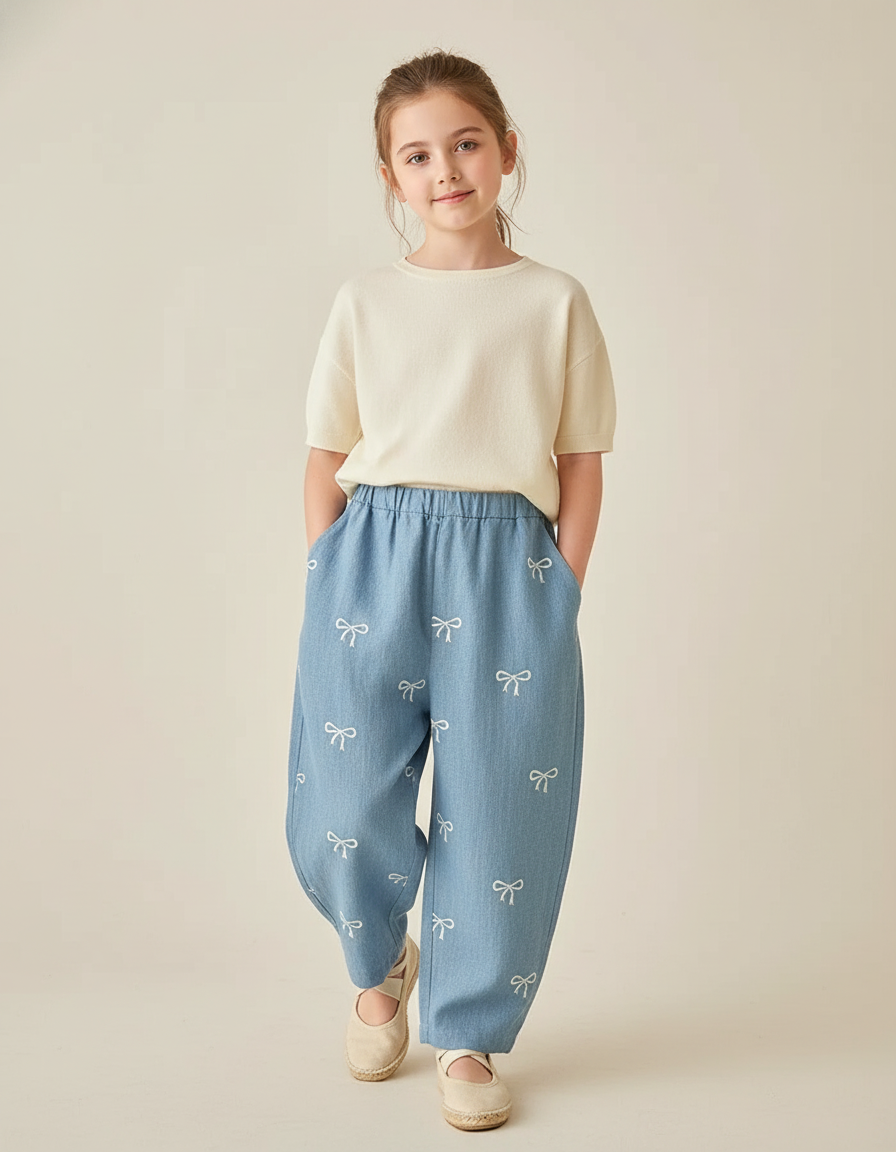 Pantalon Baggy Denim Bleu Nœuds Brodés Ample Enfant - Jean