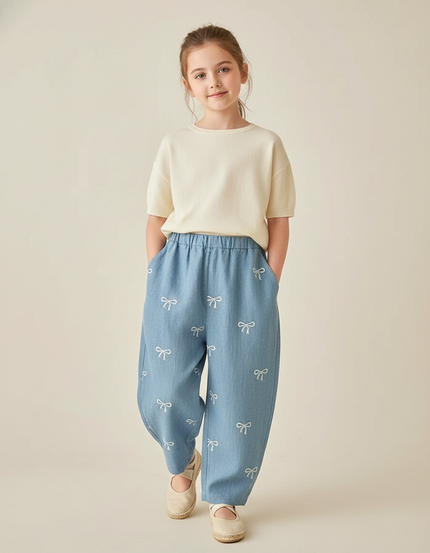 Pantalon Baggy Denim Bleu Nœuds Brodés Ample Enfant - Jean