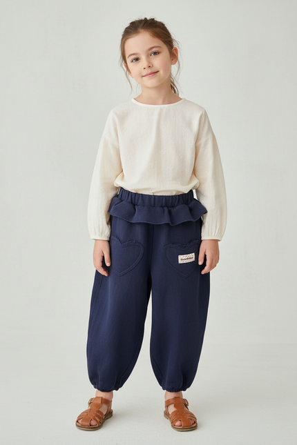 Pantalon Baggy Bleu Marine Ample Molleton Poches Cœur