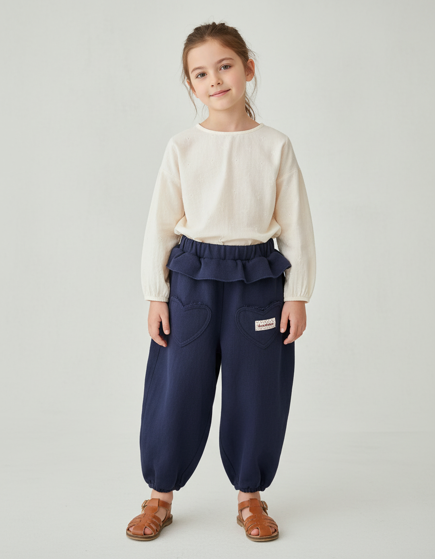 Pantalon Baggy Bleu Marine Ample Molleton Poches Cœur