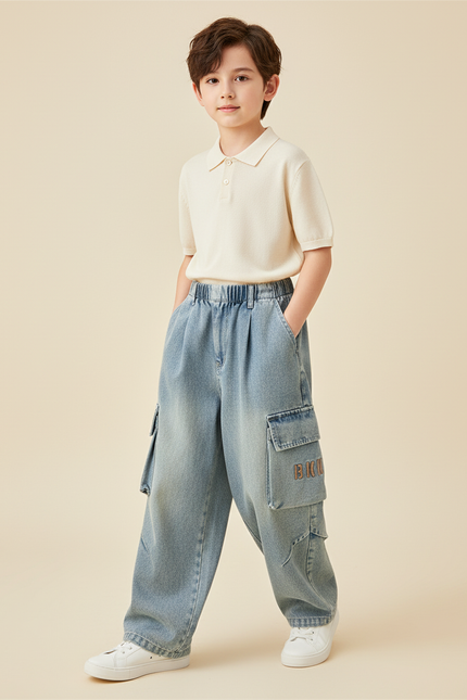 Pantalon Baggy Jean Cargo Ample Enfant Garçon - Bleu