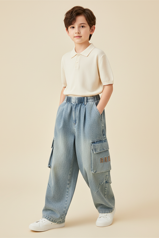 Pantalon Baggy Jean Cargo Ample Enfant Garçon - Bleu