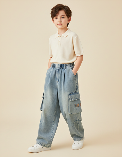 Pantalon Baggy Jean Cargo Ample Enfant Garçon - Bleu