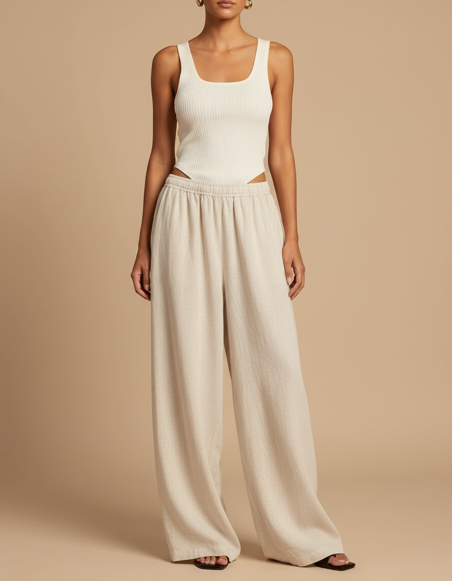 Pantalon Baggy Lin Beige Ample Fluide Femme