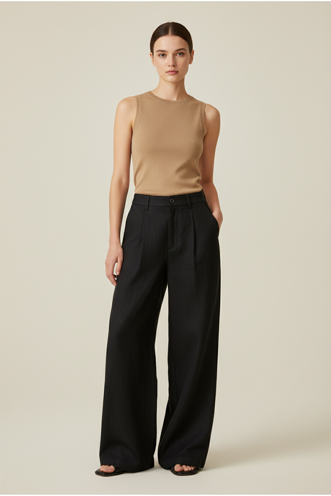 Pantalon Baggy Noir Ample Taille Haute Élégant - Laine