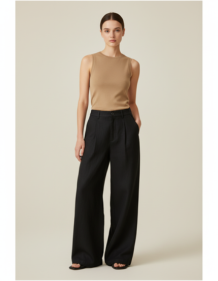Pantalon Baggy Noir Ample Taille Haute Élégant - Laine
