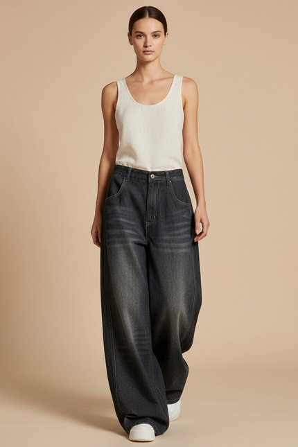 Pantalon Baggy Denim Noir Ample Taille Haute - Jean