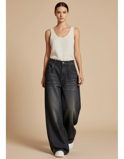 Pantalon Baggy Denim Noir Ample Taille Haute - Jean