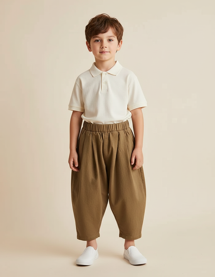 Pantalon Baggy Kaki Ample Coton Plissé Garçon