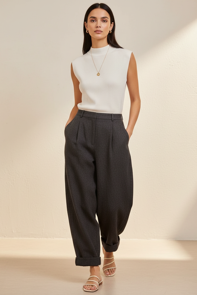 Pantalon Baggy Gris Plissé Laine Taille Haute Élégant
