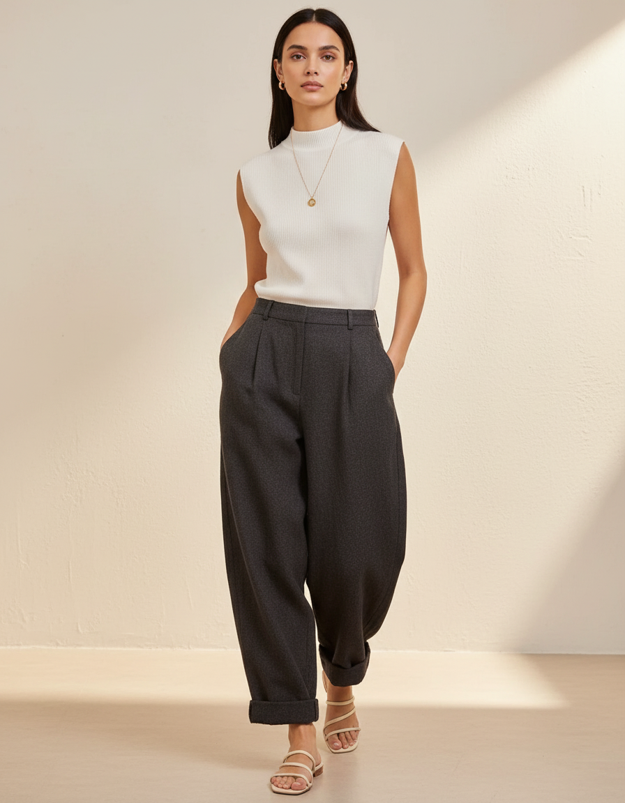 Pantalon Baggy Gris Plissé Laine Taille Haute Élégant