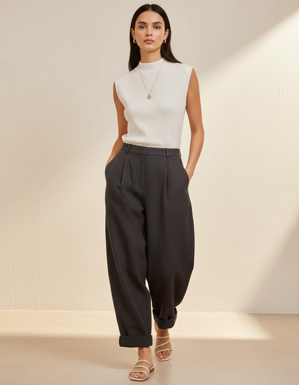 Pantalon Baggy Gris Plissé Laine Taille Haute Élégant