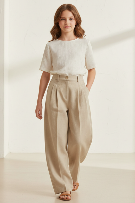 Pantalon Baggy Beige Ample Lin Plissé Fille
