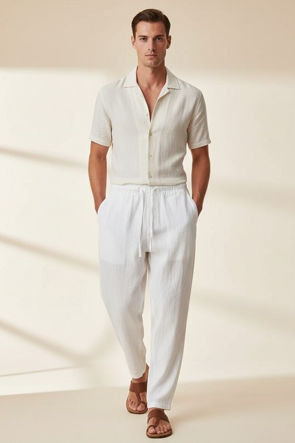 Pantalon Baggy Blanc Lin Léger Décontracté Homme