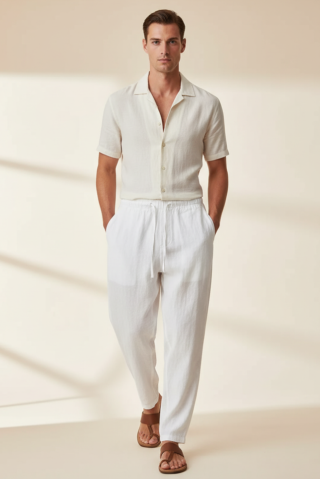 Pantalon Baggy Blanc Lin Léger Décontracté Homme