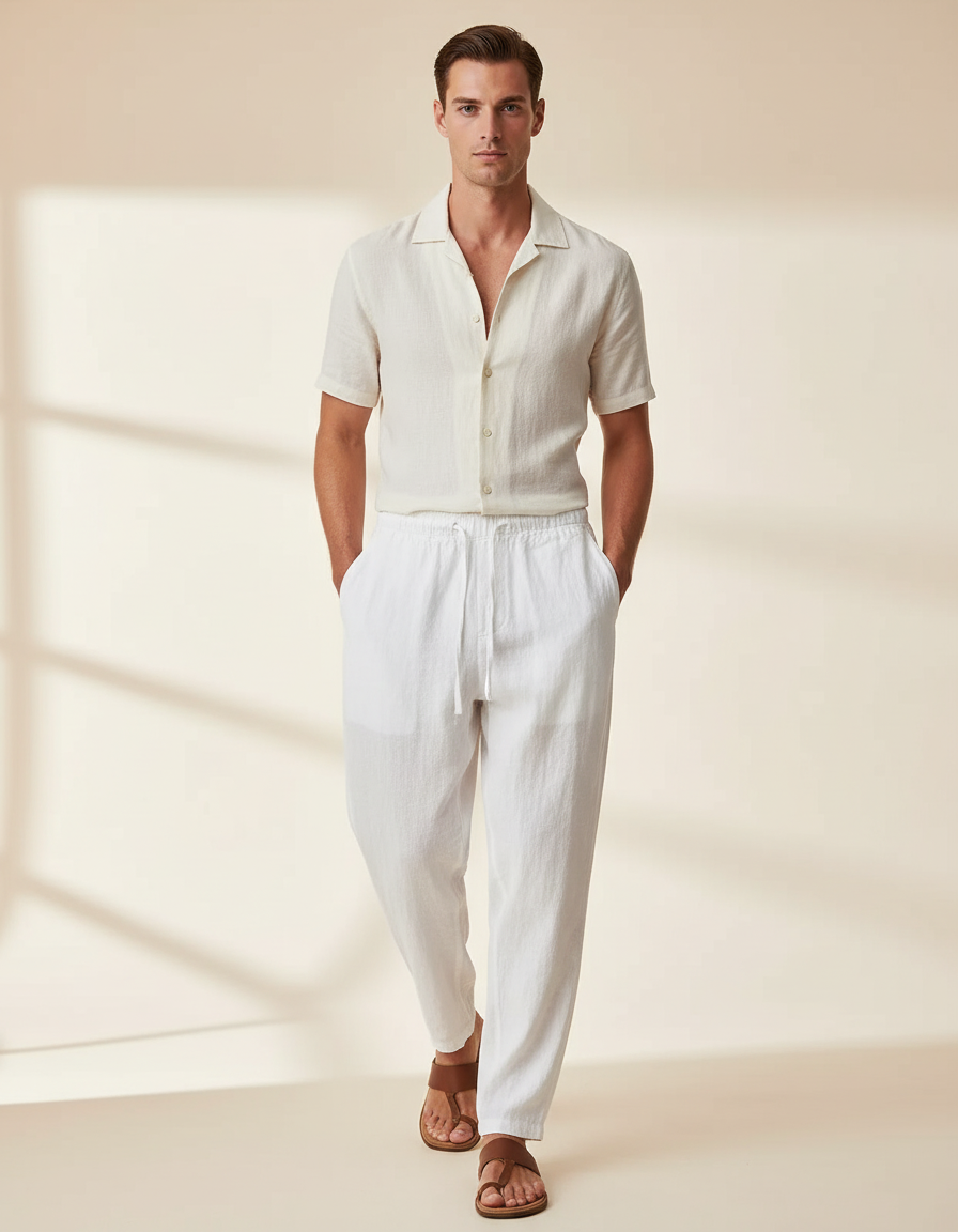Pantalon Baggy Blanc Lin Léger Décontracté Homme