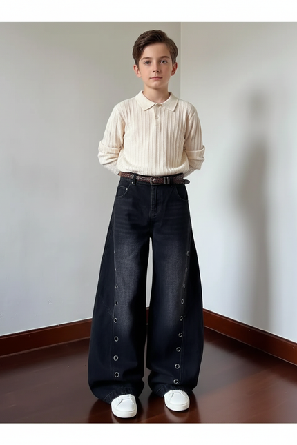 Pantalon Baggy Noir Délavé Œillets Métalliques Large - Jean