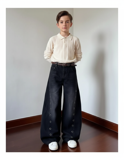 Pantalon Baggy Noir Délavé Œillets Métalliques Large - Jean