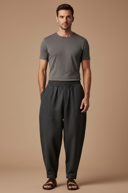 Pantalon Baggy Gris Foncé Lin Ample Décontracté Homme