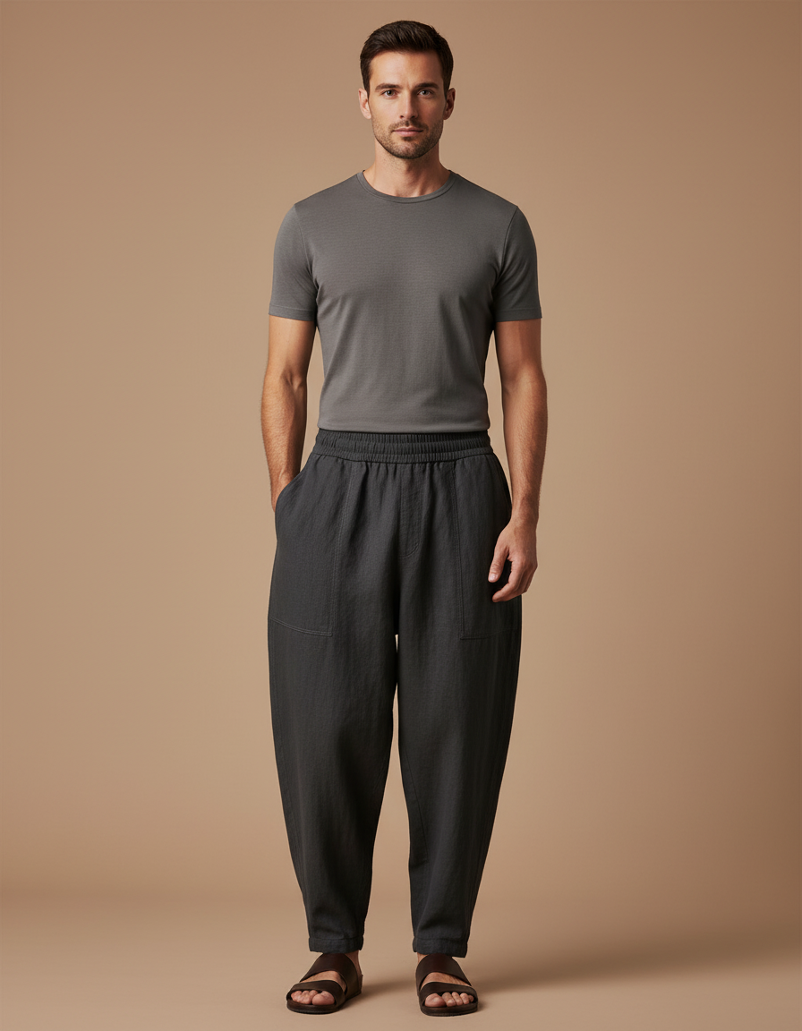 Pantalon Baggy Gris Foncé Lin Ample Décontracté Homme