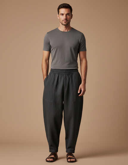 Pantalon Baggy Gris Foncé Lin Ample Décontracté Homme