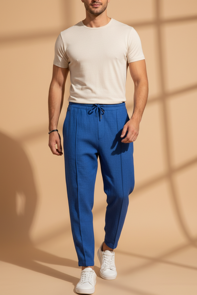 Pantalon Baggy Bleu Tissu Cordon Décontracté Homme - Lin