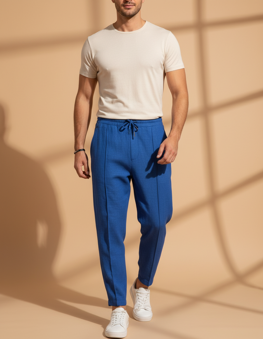 Pantalon Baggy Bleu Tissu Cordon Décontracté Homme - Lin