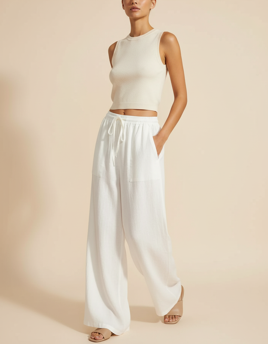Pantalon Baggy Blanc Lin Ample Fluide Femme