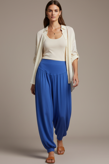 Pantalon Baggy Bleu Fluide Ample Confortable Élastique - Viscose