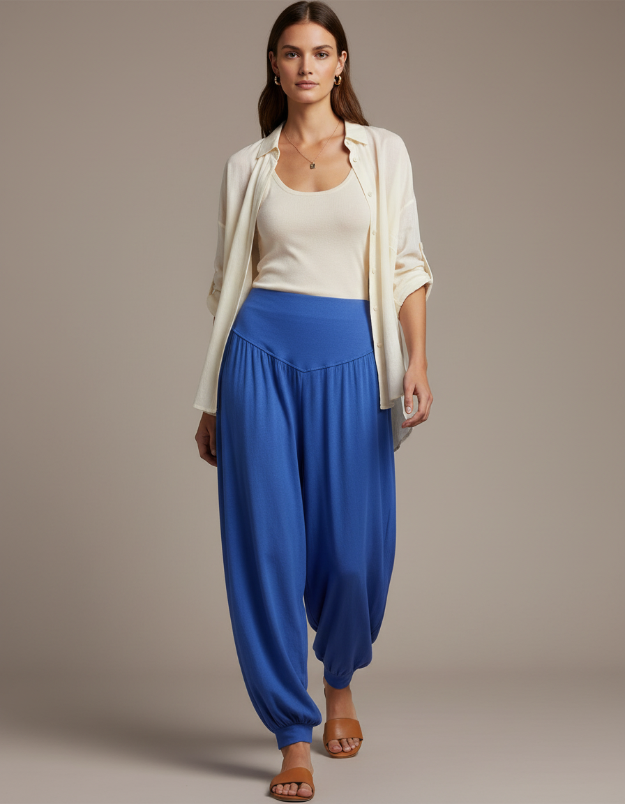 Pantalon Baggy Bleu Fluide Ample Confortable Élastique - Viscose