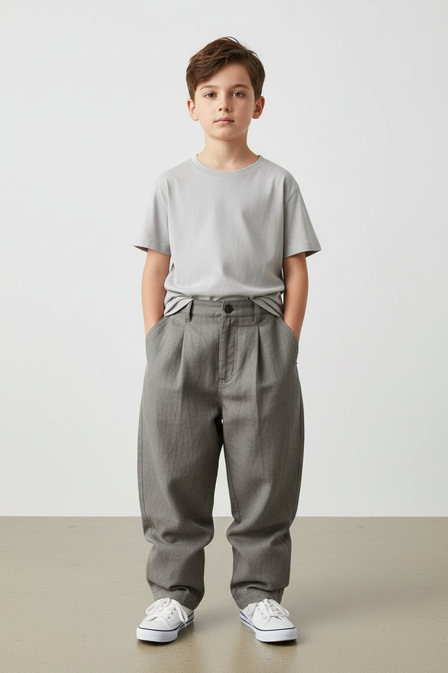 Pantalon Baggy Gris Plissé Ample Décontracté Garçon - Gabardine