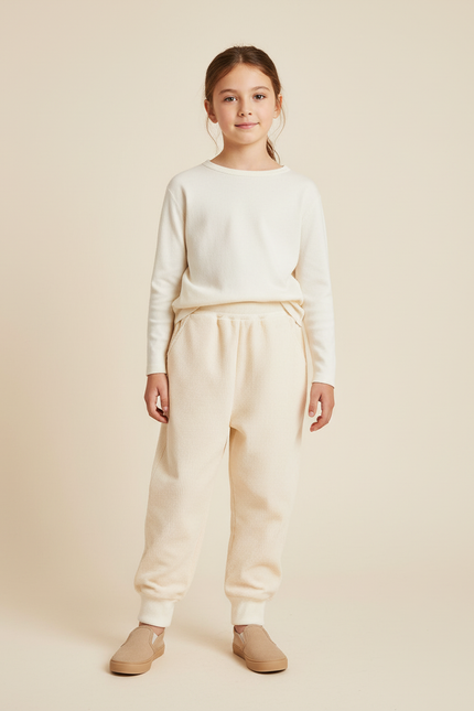 Pantalon Baggy Côtelé Écru Ample Confortable Fille - Beige Cordé
