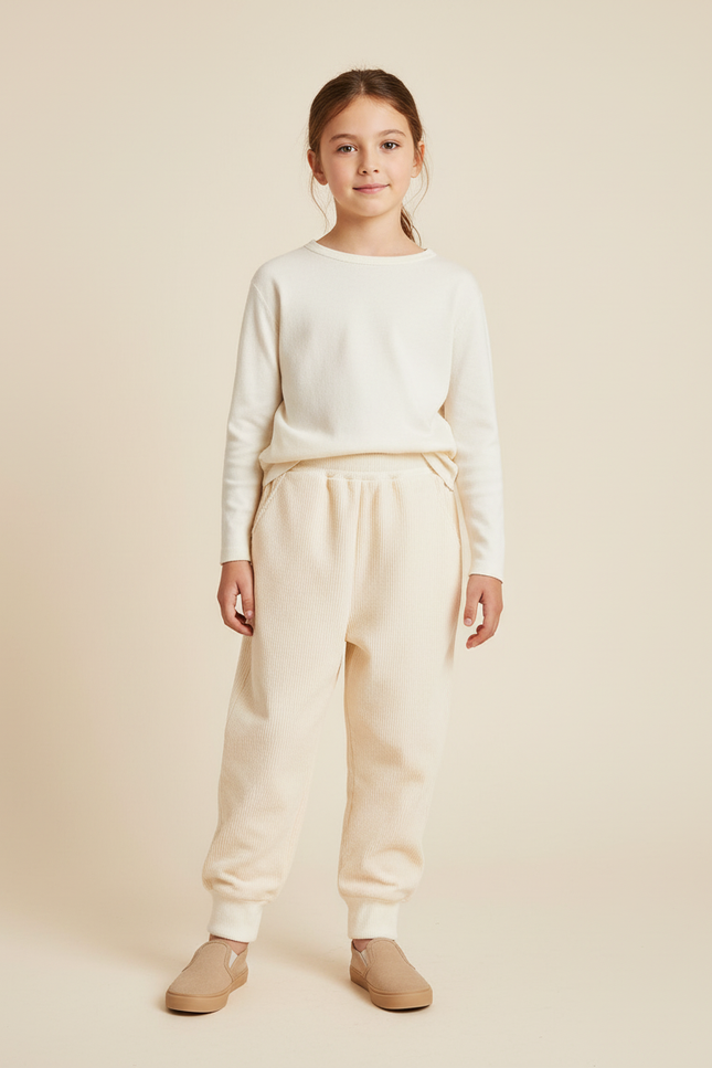 Pantalon Baggy Côtelé Écru Ample Confortable Fille - Beige Cordé